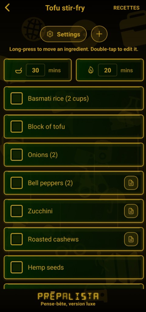 Ingrédients de Tofu stir-fry avec cases à cocher, temps de cuisson et notes
